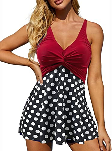 Rayson Tankini Mujer en V Hálter Bañador Falda Moda Traje de Baño Clásico de Cintura Alta Elegantes para Piscina Playa(Rojo y Negro y Lunares,XXL)
