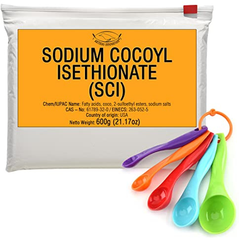 Artekas Innovation SODIUM COCOYL ISETHIONATE (SCI) Powder - Mild Foaming Surfactant for DIY Solid Shampoo Bars, Bath Bombs - Including 5-piece Set with Graduated Measuring Spoons - 21.17 oz