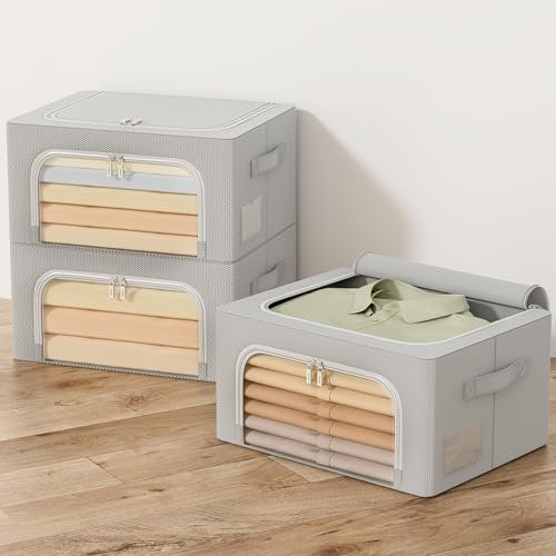 GoMaihe Scatole per Armadio Rigide 3 pezzi 72L: Contenitori per Armadio Cerniera - Piumone, Lenzuola Organizzatore Armadio - Scatole per Vestit (Grigio, 24L)