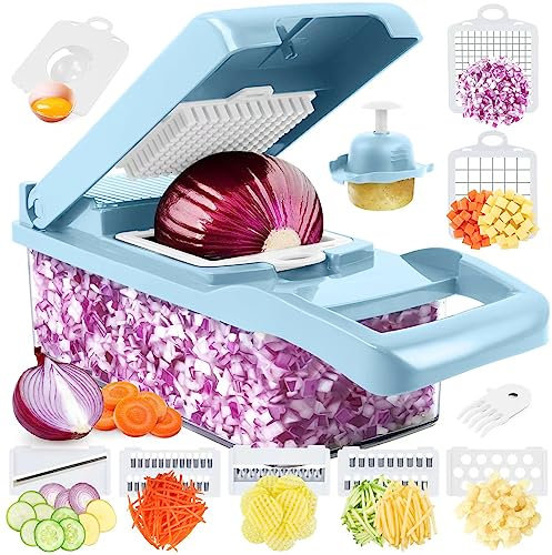 Gemüseschneider, Pro Zwiebelzerkleinerer, multifunktionaler 13-in-1-Lebensmittelzerkleinerer, Gemüseschneider mit 8 Klingen, Karotten- und Knoblauchzerkleinerer mit Behälter (blau)
