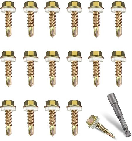 Ouzionz Lot de 100 vis à tôle autotaraudeuses en acier au carbone avec joint d'étanchéité pour tôles de toit, vis autotaraudeuses, pour vis à tôle, carrosserie, tôle d'aluminium (M4 x 25 mm)