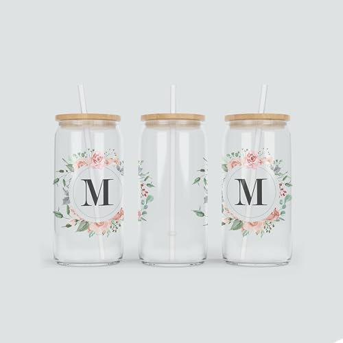 online-hut - Trinkglas - Longdrink Glas - Becher aus Glas inkl. Deckel und Strohhalm - mit Monogramm A-Z und Blumenkranz - Rosa - Geschenkidee - BNT-113 (M)