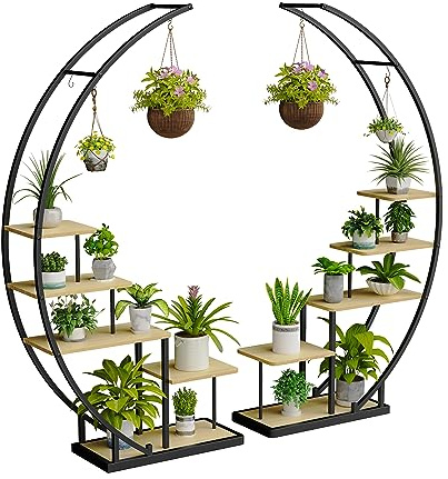 Ribelli Présentoir à plantes en métal à 5 niveaux en forme de demi-lune 172 cm, étagère à plantes avec 5 tablettes et crochets, grand présentoir à plantes avec protection anti-basculement pour balcon
