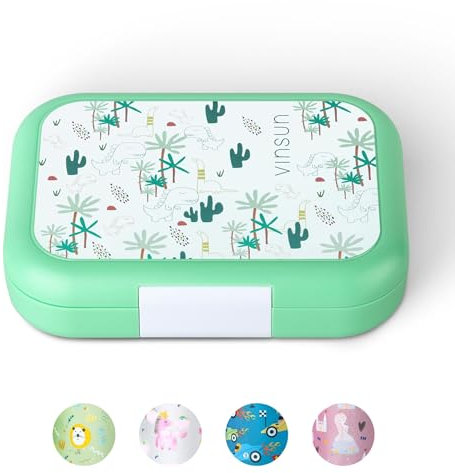 VINSUN Porta Pranzo per Bambini con 4 Scomparti - Senza BPA, Prova di Perdite, Adatto a Microonde e Lavastoviglie - Lunch Box con Dinosauri per Scuola, Asilo, Escursioni