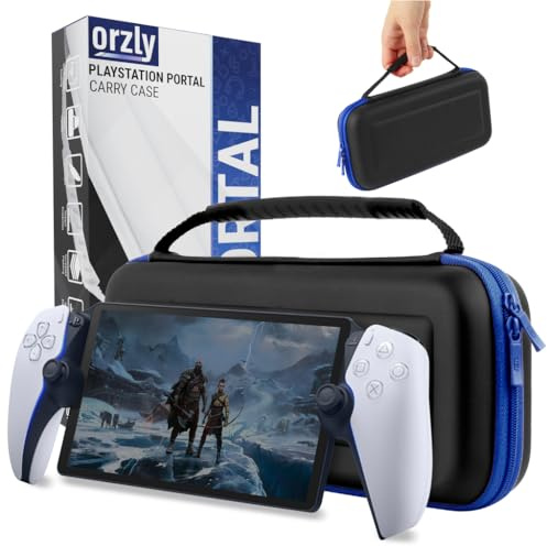 Orzly Carry Case Designed for PlayStation Portal Remote Player for PS5 Console Holds Accessories, Travel and Storage Protection for Headset Charger and More Black/Blue - Gift Box Edition