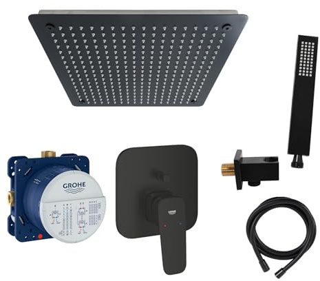 vanvilla Duschsystem Unterputz mit Duscharmatur Grohe schwarz GS04 | Duscharmatur von Grohe Cubeo Einhebelmischer und vanvilla Regendusche Duschkopf eckig, Dusch-SET schwarz matt