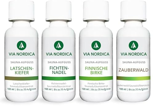 VIA NORDICA Saunaaufguss Set [AtemFrei-Komplex Formel] Saunadüfte & ätherische Öle - Tolles Saunaaufguss Probierset, Saunaöl Saunaduft Sauna-Zubehör Wellness Aufguss Duftöl - Set Wald