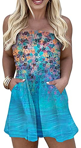 NSICBMNO Bandeau Playsuits with Pockets for Women UK Holiday One-Piece Off Shoulder Jumpsuits Shorts Elastic Waist Strap Playsuit Romper Rompers Strapless Wide Leg Loungewear Beachwear