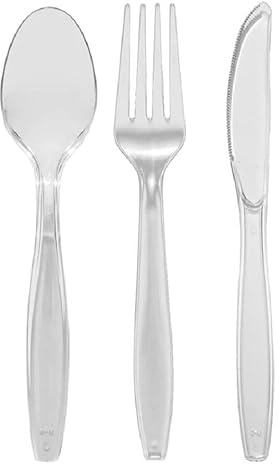 Tezraftaar® 300 x Tithe Heavy Duty Clear Plastic Cutlery Set Reusable 100pcs Spoons 100pcs Forks 100pcs Knives BPA Free Durable Catering Wedding Kids Parties Picnic Traveling
