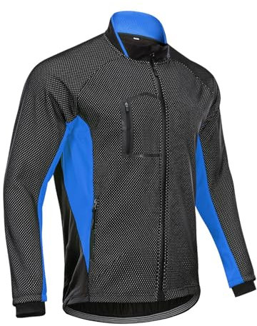 CLMETHE Chaqueta de ciclismo de lana para hombre impermeable a prueba de viento lluvia invierno cálido Jersey montar en bicicleta abrigos con bolsillo con cremallera,Blue-3XL