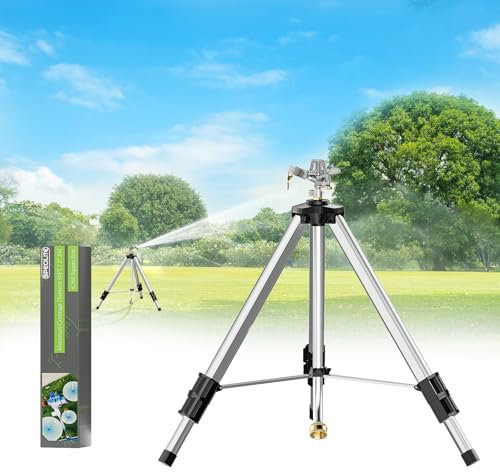 SPECILITE Messing-Schlagregner auf Stativbasis, 127 cm, robuster pulsierender Teleskop-Sprinkler, 360-Grad-Bewässerung für große Flächen, Hof, Rasen, Gewässer bis zu 27,4 m, deckt bis zu 6360 m² ab