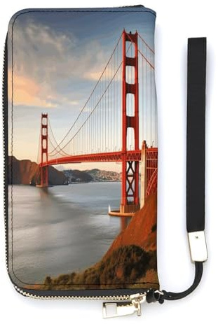 YHEGBFD Portefeuille en cuir, portefeuille pour femme, imprimé Golden Gate Bridge, portefeuille de voyage, sac à main long, portefeuille en cuir avec fermeture éclair autour du portefeuille, style, 20