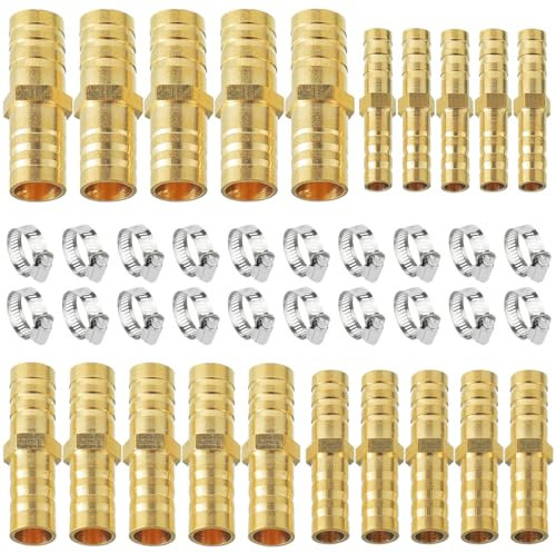 EPLZON Messing Schlauchverbinder, 6/8/10/12mm Schlauch Verbindungsstück Messing, mit 20 Schlauchschellen (φ6-12), für Wasserleitung Luftleitung Kraftstoffleitung Ölleitung(20 Stück)