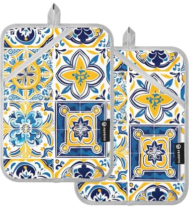 Set di 2 presine blu e gialle con motivo piastrelle italiane, per cucina, morbidi e con tasche, resistenti al calore, per cottura a microonde