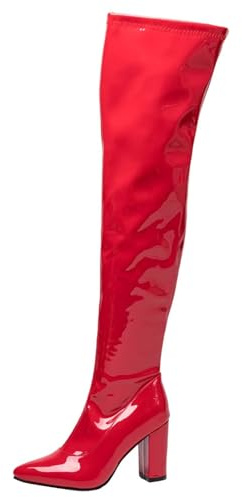 HSyc JRX Damen Blockabsatz High Heels Overknee Stiefel mit Reißverschluss Lack Stiefel42.5