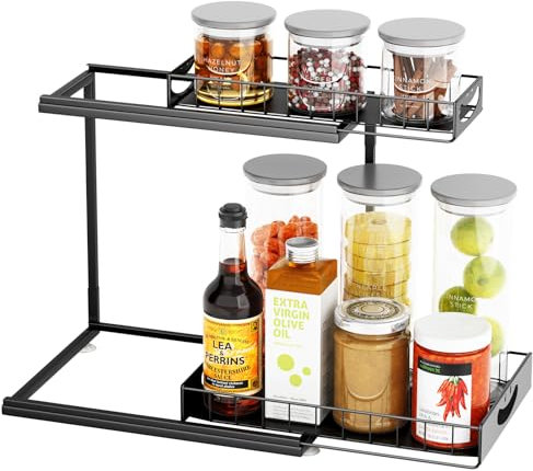 SUMAITech Organizador bajo Fregadero de Metal, 2 Niveles Estanterias Almacenaje Cocina, Organización Extraíble Estante Almacenamiento Debajo Fregadero, Negro