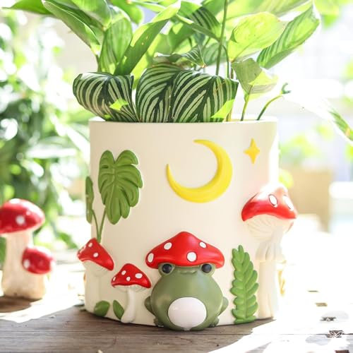 AmiCera Funky Frog Blumentopf, Süße Einzigartig Sukkulenten Pflanzentopf mit Drainage, Kleiner Pilz Pflanzentöpfe für Zimmerpflanzen, einzigartige Eklektische Heimdekoration, Weiß und Rot
