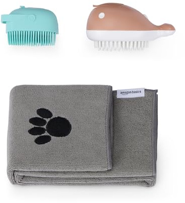 Amazon Basics Cepillo de Baño para Perros con Toalla de Secado Rápido, Cepillo de Aseo para Mascotas para Bañar y Limpiar, 2 Pinceles