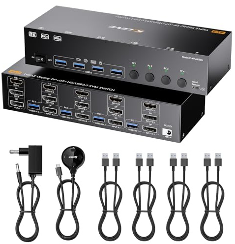 KVM Switch 3 Monitore 4 PC, Displayport HDMI USB 3.0 KVM-Umschalter für zwei Monitore, unterstützt 4K@60 Hz für 3 Computer, die sich 2 DP-Monitore, Tastatur und Maus teilen