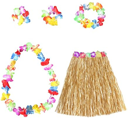 LILIKAI 5 Stück Hawaii Outfit Damen,Hawaii Kostüm Damen,Party Faschingskostüme,Bastrock Hawaii Rock Set,Einfach Blume Stirnband,Kette Girlanden Hula Rock für Sommer Beach Tropische Kostüme Erwachsene