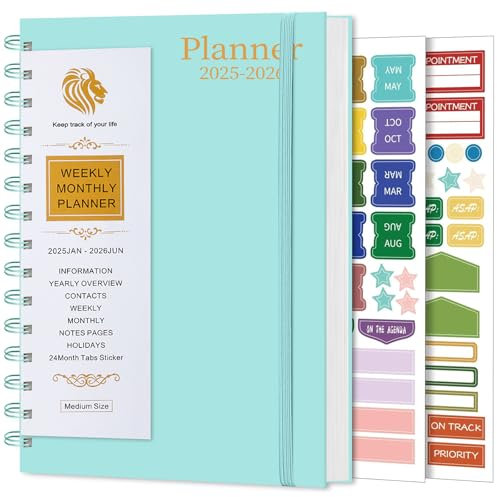 18 Monate Kalender Monatsplaner, JAN2025-JUN2026 Gebundenes To-Do-Listen Tagebuch, A5 Wochenübersicht Terminkalender, Spiralgebundenes Notizbuch mit Monatsregister 108 Aufklebern (Blau)