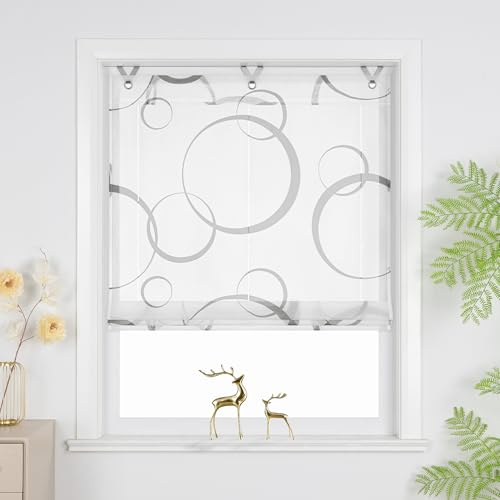Joyswahl Raffrollo ohne Bohren Lichtdurchlässig Raffgardinen Grau 130x45 | Ohne Bohren, Mit Ösen, Wohnzimmer Fenster Vorhänge, Ösenrollo für Fenster, Hakenaufhängung, 1 Stück, Rollo Voile, Modern