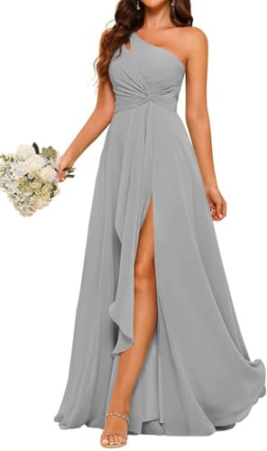 Una spalla abiti da damigella d'onore per matrimonio chiffon pieghettato formale sera partito maxi abito con fessura AH116, Lilla, 38