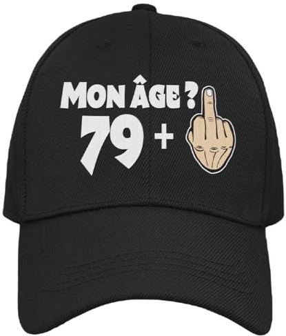 Casquette Homme Femme 79 + 1 Cadeau Anniversaire 80 Ans Idées Originales Cadeaux Âge pour Lui pour Elle Taille Unique Casquette Noire à Visiere (FR/ES, Alpha/Lettres, Taille Unique, Noir)