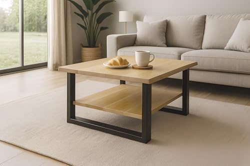 SAM Couchtisch Patrick 90x90 cm Wildeiche U-Gestell schwarz | Wildeiche/Eichenholz massiv, Sofatisch mit Ablage, echte Baumkante, Beistelltisch, Metallgestell