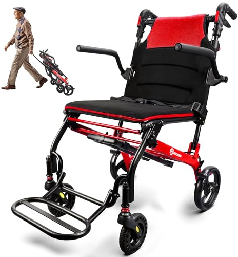 Sedia a rotelle pieghevole, leggera, 8,8 kg, con manico telescopico, ultraleggera, pieghevole, leggera, con braccioli pieghevoli e poggiapiedi, per disabili e anziani (Rosso)