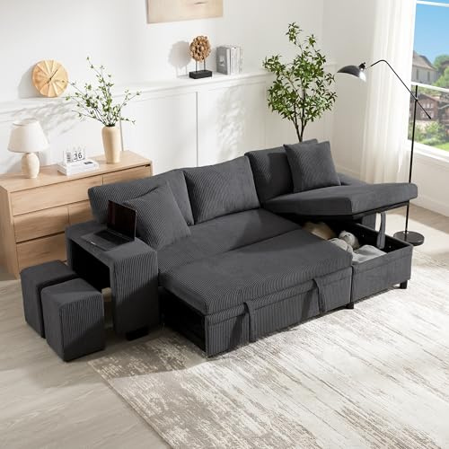 Sofá plegable convertible en L con dormitorio, carga USB y estantes laterales