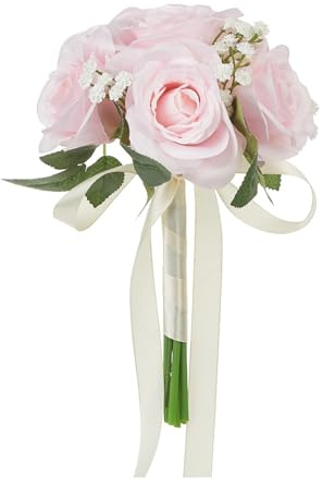 Qianderer Wedding Bouquets for Bride Bridesmaid Bouquet Champagne White Artificial Roses Flowers for Wedding Valentine's Day Church Home Decoration (Pink, 18cm*27.5cm)