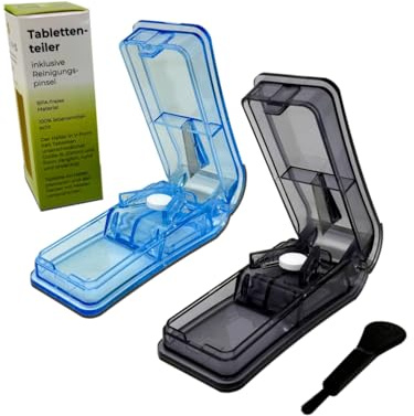 LisaCare Tablettenteiler für alle Tabletten - 2x Pillenschneider | Tabletten halbieren & vierteln - Premium Pill Cutter inkl. Reinigungspinsel & Aufbewahrung im Boden (Blau & Schwarz)
