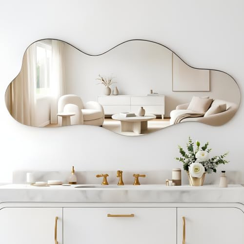 Lumibric Large Irregular Wall Mirror, Asymmetrical Bathroom Mirror,100x40cm | HD Mirror, Frameless, Wooden Back Panel, Explosion-proof Glass, Modern Vanity Wall Mirror for Living Room Hallway