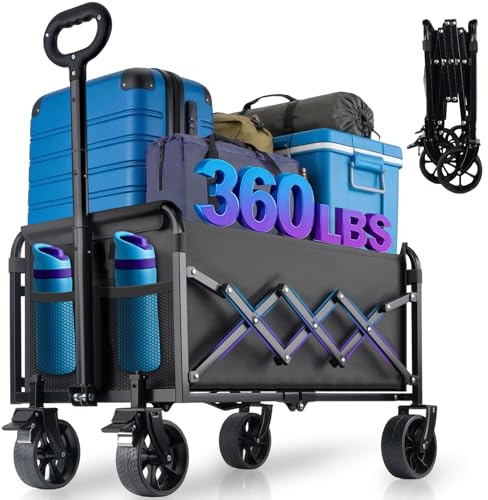 Collapsible Trolley Wagon Cart with Brakes- Heavy Duty Portable Utility Folding Trolley Wagon Cart with 360° Swivel Wheels & Brakes for Groceries Garden Beach Sports Shopping Camping