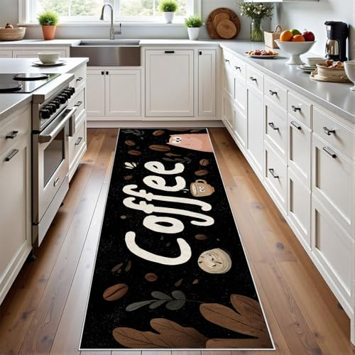 Meugesoi Kaffee Thema Teppich Läufer Flur 60x120 cmKaffeebohnen Teppichläufer Cartoon Kaffeetasse Küchenläufer Küche Teppiche rutschfest Waschbar Bettvorleger für Flur Waschküche