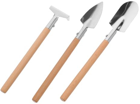 VICASKY Kit D’Outils de Jardinage à Main Compact 3 Pièces en Bois – Truelle, Râteau et Bêche – pour Plantation en Intérieur et Petits Jardins, pour Fleurs en Pot et Succulentes