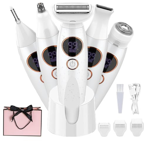 Rasoir 5-en-1, Epilateur Electrique Femme, Rasoir Electrique Femme, Rasoir Intime et Tondeuse Corporelle-pour Visage, Sourcils, le Nez et le Maillot, IPX7, Utilisable sur Peau Sèche ou Humide (1Set)