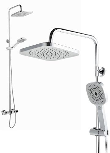 Duschsystem mit Thermostat, Duscharmatur Komplettset schwarz mit Regendusche & Handbrause, höhenverstellbare Duschsäule 109–136cm, 22.5x22.5cm Kopfbrause 360° drehbar (Silber)