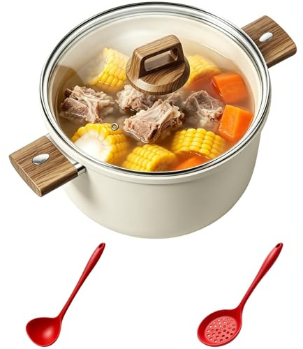 Nonstick Stock Pot, 10.2 in Stone-derived Aluminum Alloy Cooking Pot with Glass Lid & Heat Resistant Handles, Large Capacity Cookware, 2 Silicone Spoons Included, Ideal for Induction Gas Ceramic Hobs