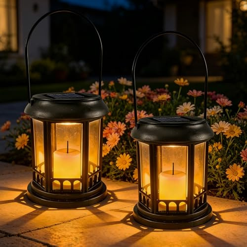 2 lámparas solares colgantes para exteriores, 10 cm x 22 cm, farolillos solares con velas LED, IP44 resistente al agua, farolillo solar para exteriores, luz blanca cálida, para jardín, balcón, terraza