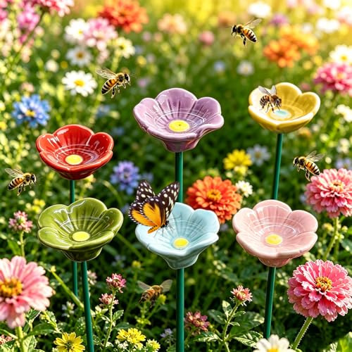 Blumen Bienentränke Für Den Garten, Insektentränke Bienenbar Wassertränke,Wetterfeste Keramik, Blüte Gartenstecker Garten Geschenk Futternapf Für Honig, Spenders,Outdoor, Hof, Terrasse(6pcs-A)
