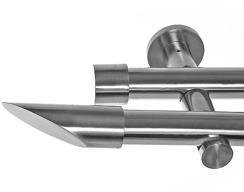BASIT Gardinenstange Edelstahllook 20mm 2-läufig Wand 140cm lang H41 | Gardinenstangenset doppelläufig Wandmontage Metall Vorhangstange Wandhalterung 120-600cm wählbar Kappe Schräge E32