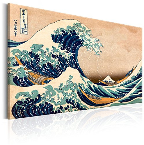 B&D XXL - Leinwandbild Katsushika Hokusai wie, 90x60 cm, 1-teilig, modern | Hochwertige Leinwand, sofort aufhängbar, ideal fürs Wohn- oder Schlafzimmer, wasserfest und lichtecht, langlebig, stilvoll