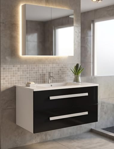 Jet-Line Badmöbelset Rapperswil mit 2 Schubladen mit Soft-Close, Waschtisch Keramik, Schwarze Hochglanzfronten, Waschbecken und Unterschrank für Bad oder WC, 90 cm Breit