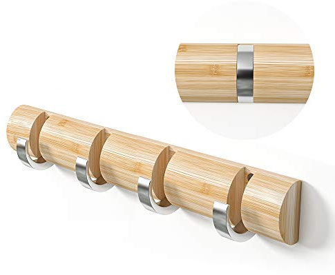 WODENY Wandgarderobe aus Bambus Handtuchhaken platzsparend mit einziehbaren umklappbaren glatten Kirsite Haken zum Aufhängen von Handtüchern, Schlüsseln, Hüten, robuste Duschwand (natürlich, 4 Haken)