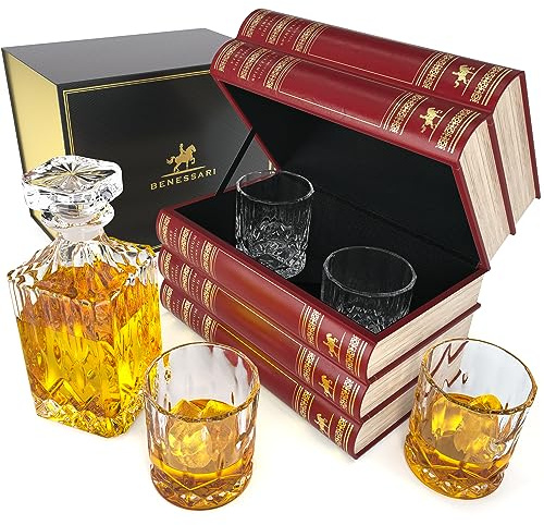 BENESSARI Whiskey Decanter Gift Set - Fake Book Tantalus Bourbon Cocktail Glasses Set of 4, Crystal Scotch Whiskey Glasses, Old Fashioned Liquor Men Gift, Bar, Kitchen Decor, Whisky Glass Sets