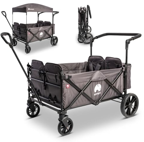 elvent® WagonPro City Bollerwagen/Handwagen faltbar mit Dach I 4 Sitzplätze | groß I Sitzpolster, Hecktasche, Feststellbremse, 5-Punkt-Gurt I für 4 Kinder (Grau)