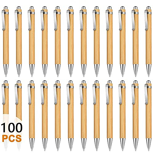 Tiamu 100PCS Holz Kugelschreiber Stift Set, Blau Tinte, Schöner Kugelschreiber Hochwertig, Kugelschreibers mit Gravur, Bambus Kugelschreibe als Geschenk für Büro & Schul Bedarf