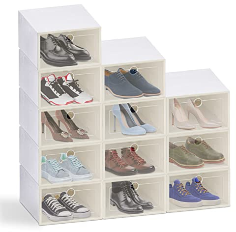 Dhouse Shoe Box Stackable 12pcs Clear Foldable Plastic Shoe Organiser Box White